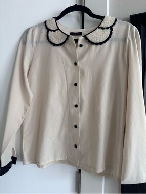 Tenki London Peter Pan Collar Blouse Cream Black Contrast Trim Size M